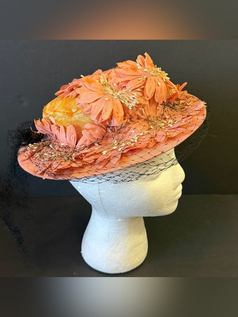 Vintage Bowler Straw Hat Orange Floral Peach Veil Dressy Garden Cottage 1950s